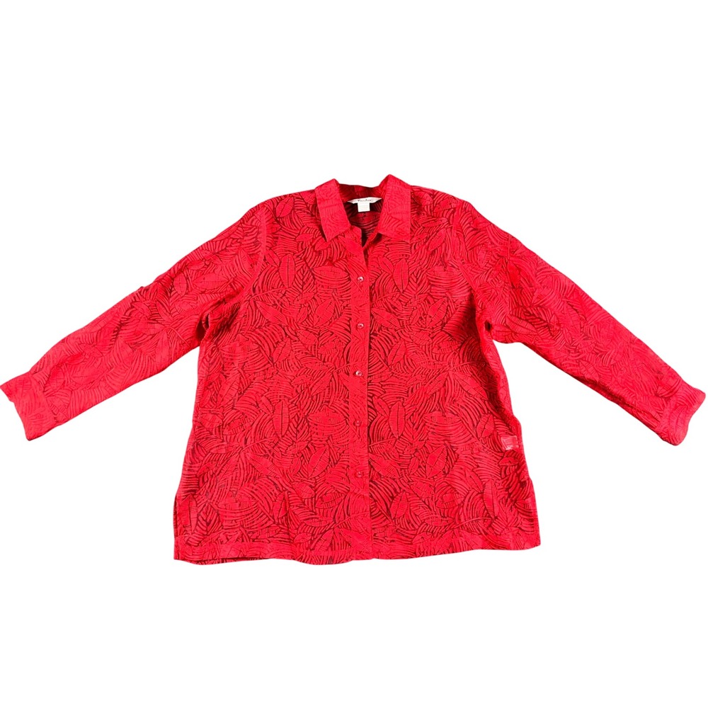 TanJay Red Burnout Leaf Print Button Down Shirt XL Long Sleeve Semi Sheer Top